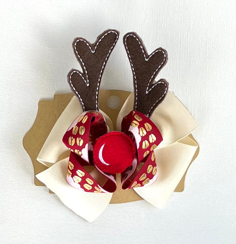 Red nosed reindeer stacked boutique bow